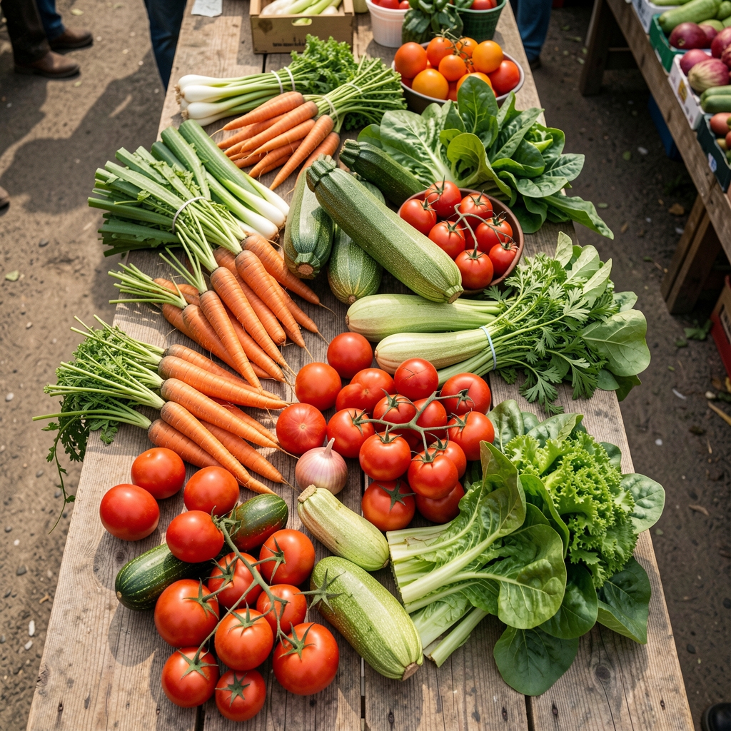 Wooden farmers market table spread with colourful seasonal vegetables including carrots, courgettes, tomatoes and leafy greens, photographed from above in natural daylight